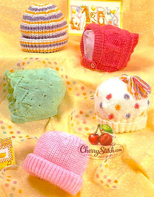 Vintage baby hats and bonnets knitting pattern — 5 designs including lacy bonnets and plain and ribbed pull-on hats for baby and toddler boys and girls, worked with two needles. DK 8ply yarn, birth to 2 years. Easy knitting.

