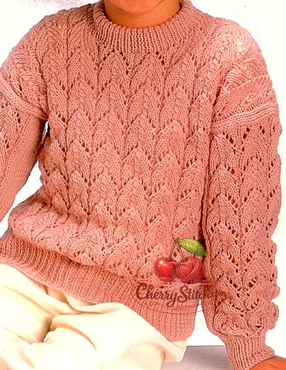 Horseshoe lace stitch detail from vintage girl's sweater knitting pattern — DK 8ply yarn, 22''–32'', 2–12 years, 1970s.