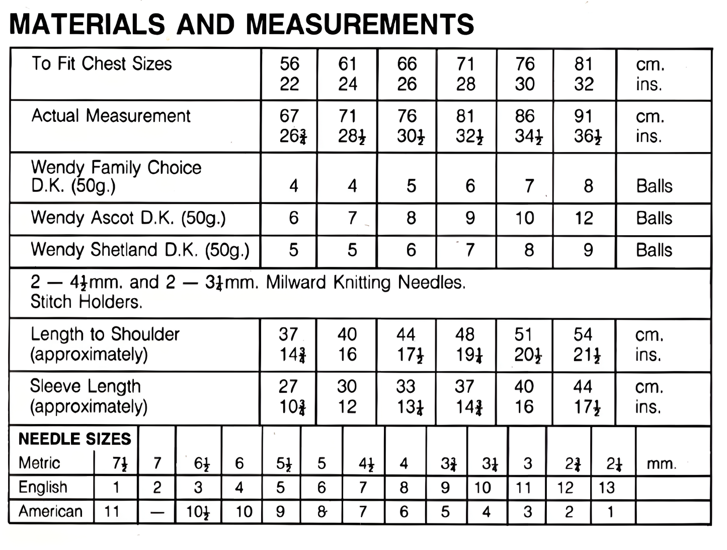 Materials and measurements for vintage girl's lacy horseshoe sweater knitting pattern — DK 8ply yarn, 3.25mm and 4.5mm needles, stitch holders, 22''–32'' (56–81 cm), 2–12 years.

