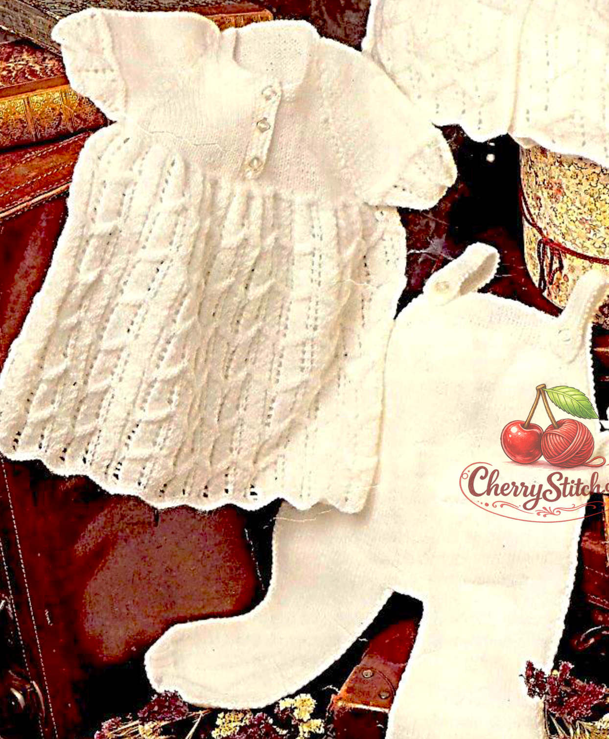 Lace panel detail from vintage baby outfits knitting pattern — dress, jacket, dungarees and bootees, DK 8ply yarn, birth to 15 months.

