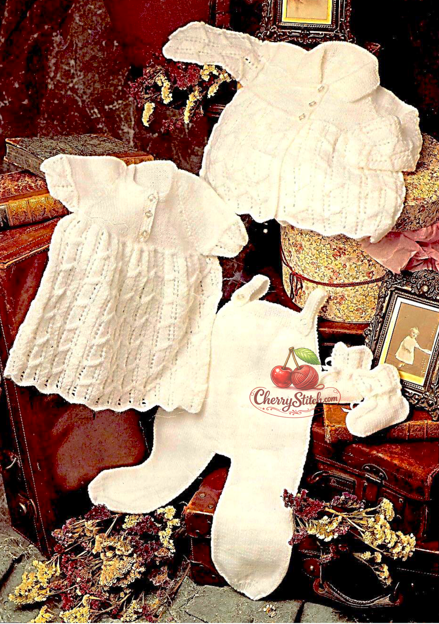 Vintage baby boy and girl outfits knitting pattern — 4-piece set including dress, jacket, dungarees and bootees with lace panels. Large print. DK 8ply yarn, 16''–22'' (41–56 cm) chest, approx. birth to 15 months. Intermediate knitting.

