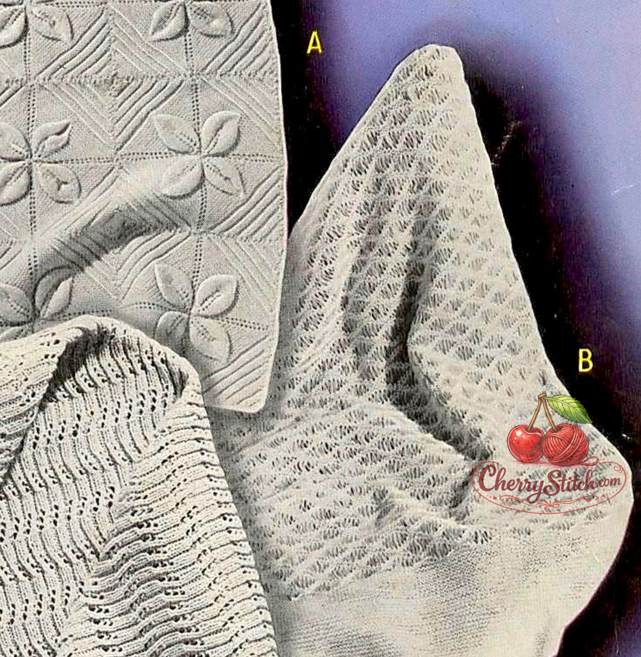 Lacy leaf and seafoam lace stitch detail from vintage baby shawl and pram cover knitting pattern — 3 designs, 4ply and 3ply yarn, 1950s.

