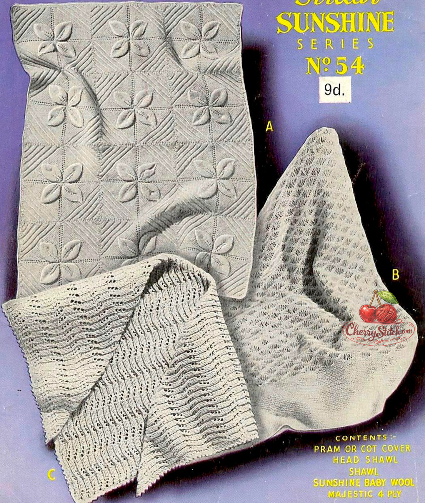 Vintage baby shawl, pram and cot cover knitting pattern — 3 designs: lacy leaf pram or cot cover, traditional seafoam lace square shawl and lacy head shawl. 4ply and 3ply yarn, 1950s. Intermediate knitting.

