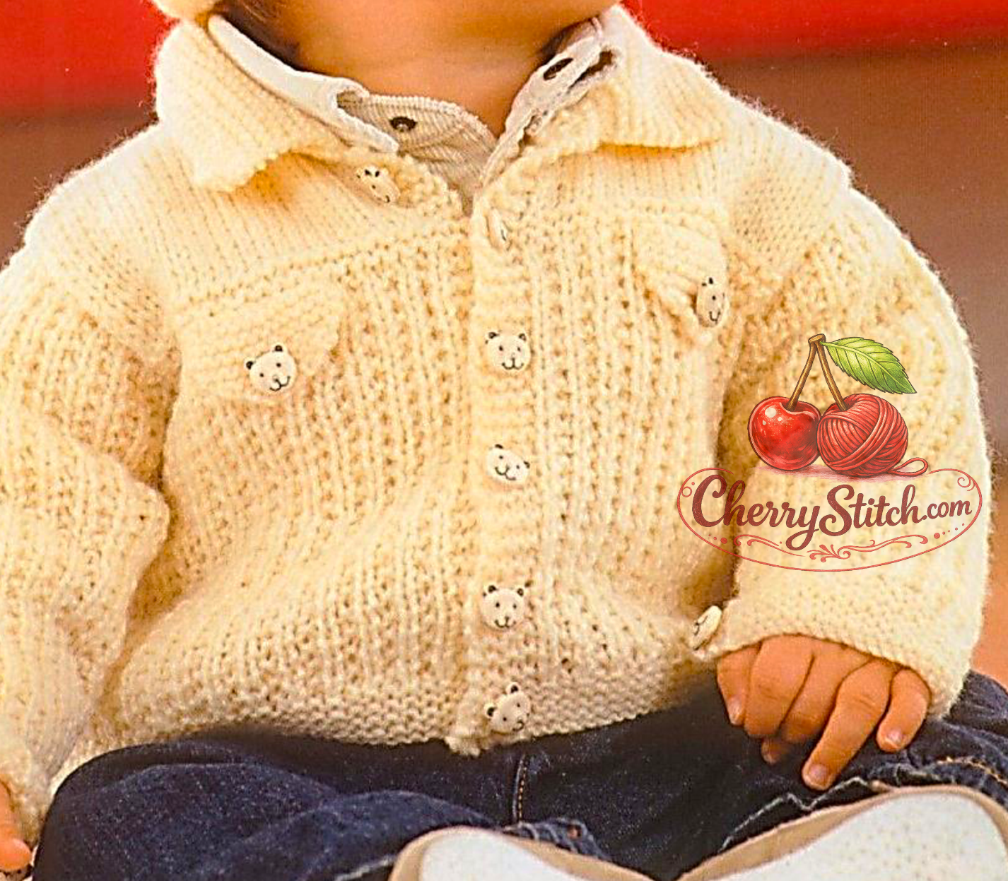 Denim style collar detail from vintage baby and child jacket and hat knitting pattern — DK 8ply yarn, 16''–24'', birth to 4 years.

