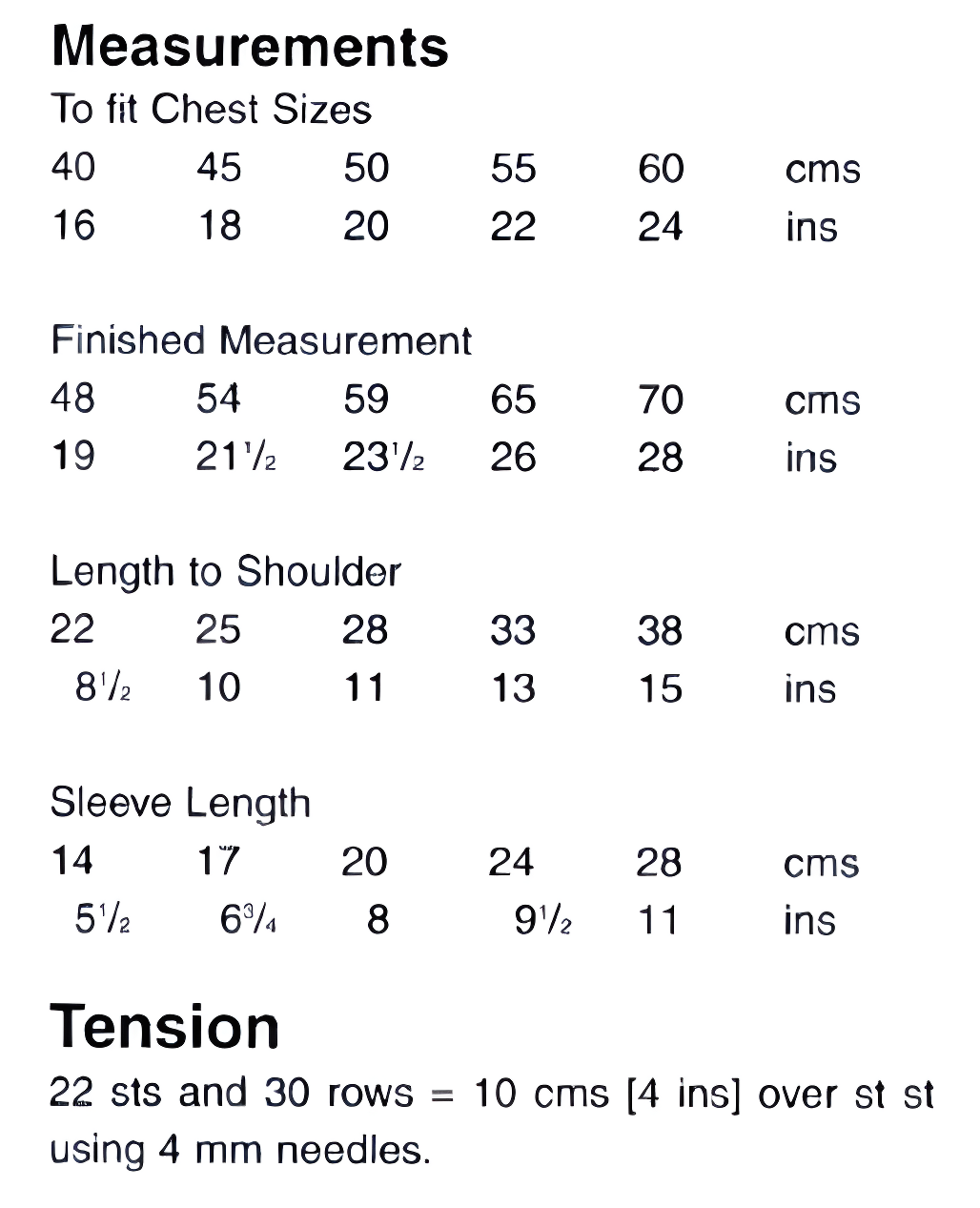 Materials and measurements for vintage baby and child jacket and hat knitting pattern — denim style collar cardigan set, DK 8ply yarn, 4mm, 3.75mm and 3.25mm needles, buttons, 16''–24'' (40–60 cm), birth to 4 years.

