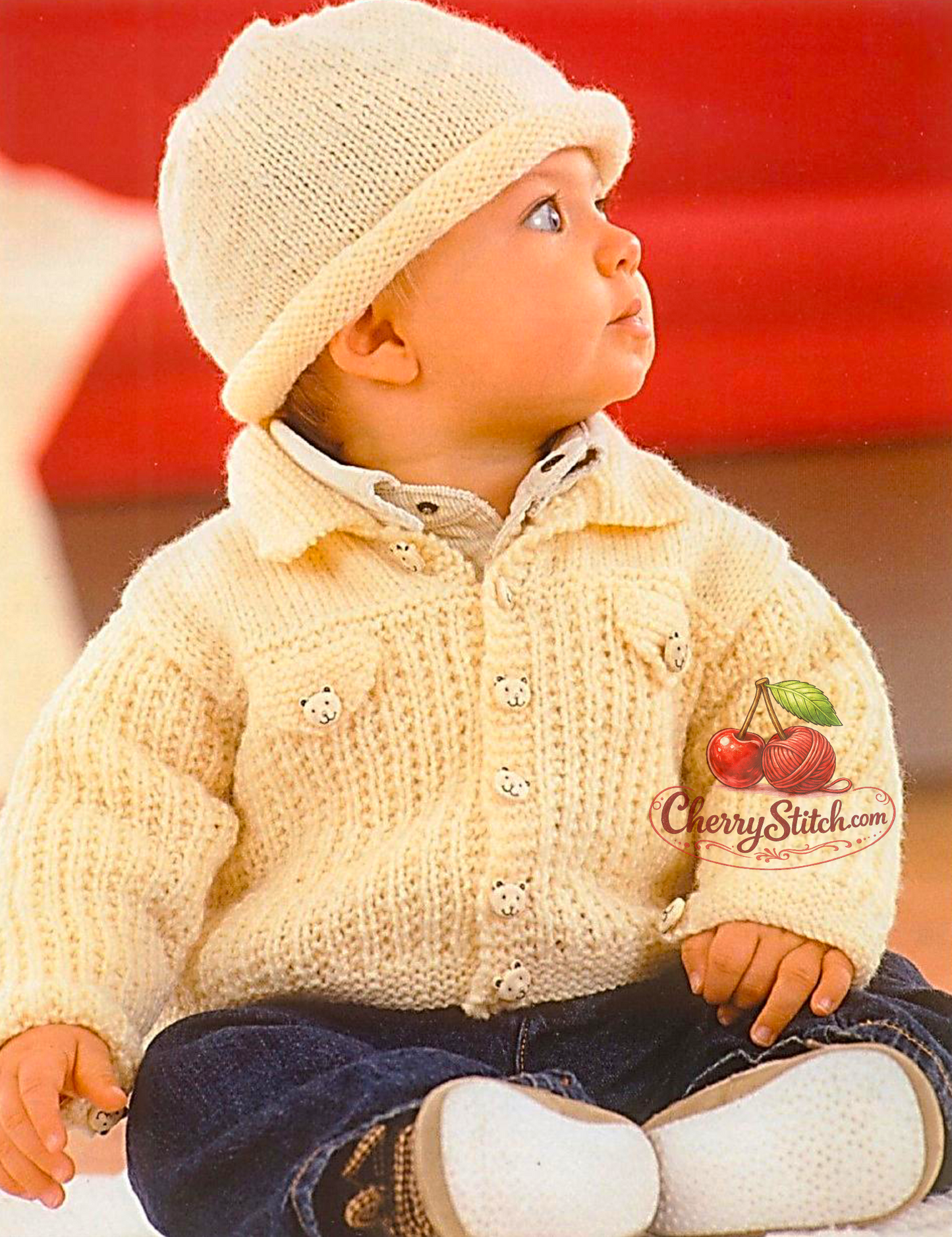 Vintage baby and child jacket and hat knitting pattern — stylish denim style collar cardigan and matching hat. DK 8ply yarn, 16''–24'' (40–60 cm) chest, approx. birth to 4 years, 5 sizes. Intermediate knitting.

