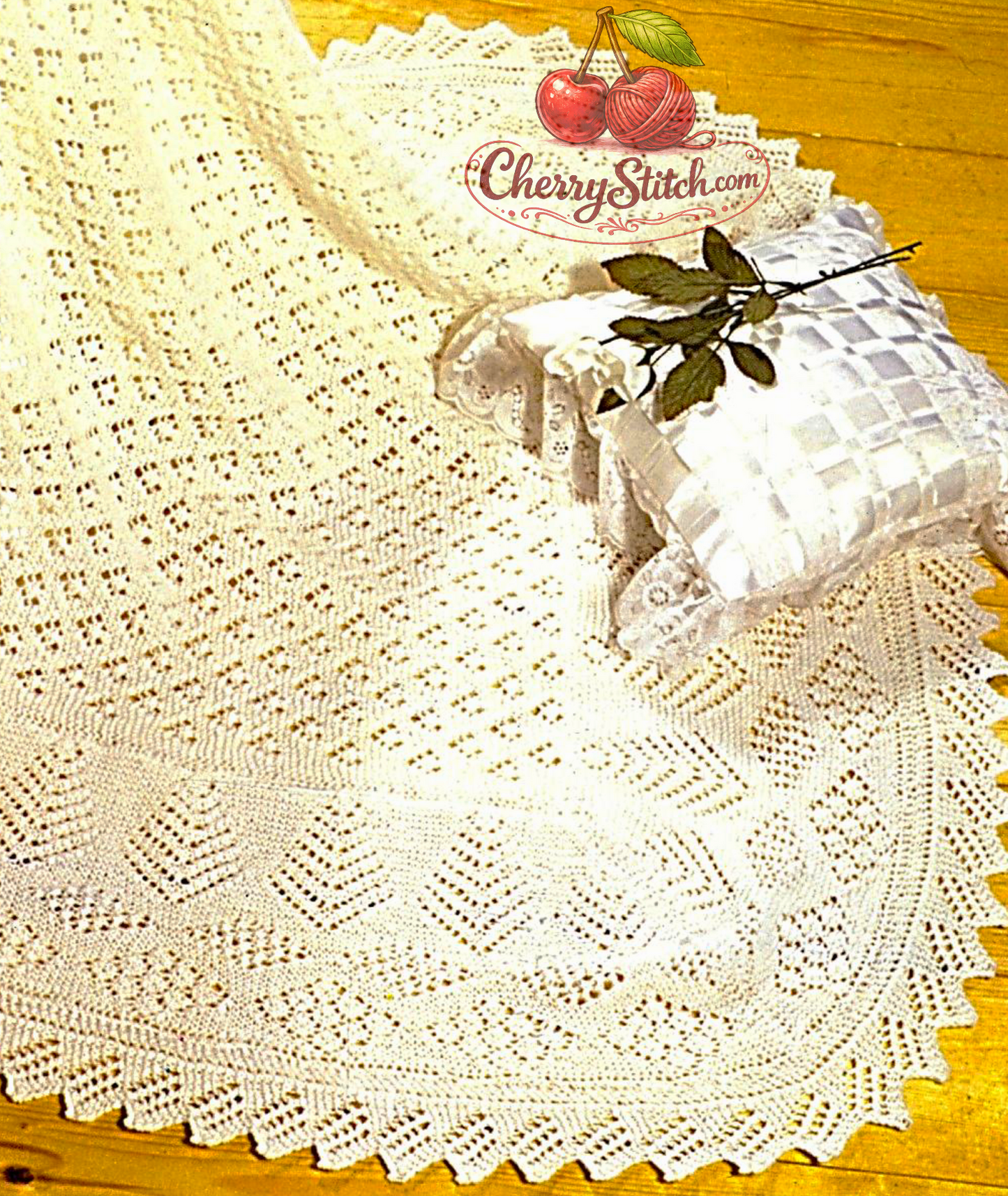 Lace stitch detail from vintage traditional Shetland baby shawl knitting pattern — row by row, no charts, 3ply or 2ply yarn, 120×120 cm, 1970s.

