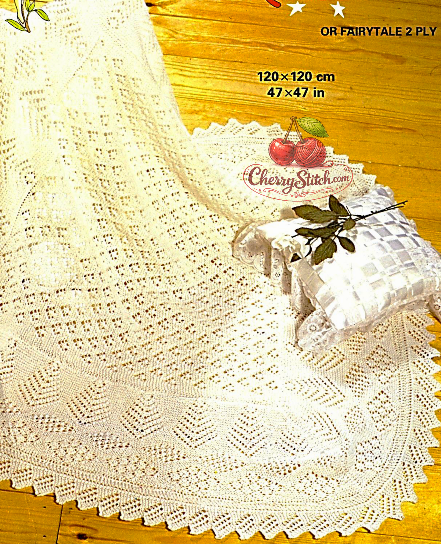 Vintage baby lace shawl knitting pattern — traditional Shetland style heirloom shawl for christening and baptism, written row by row, no charts. 3ply or 2ply yarn, 120×120 cm (47''×47''). Advanced knitting. 1970s.

