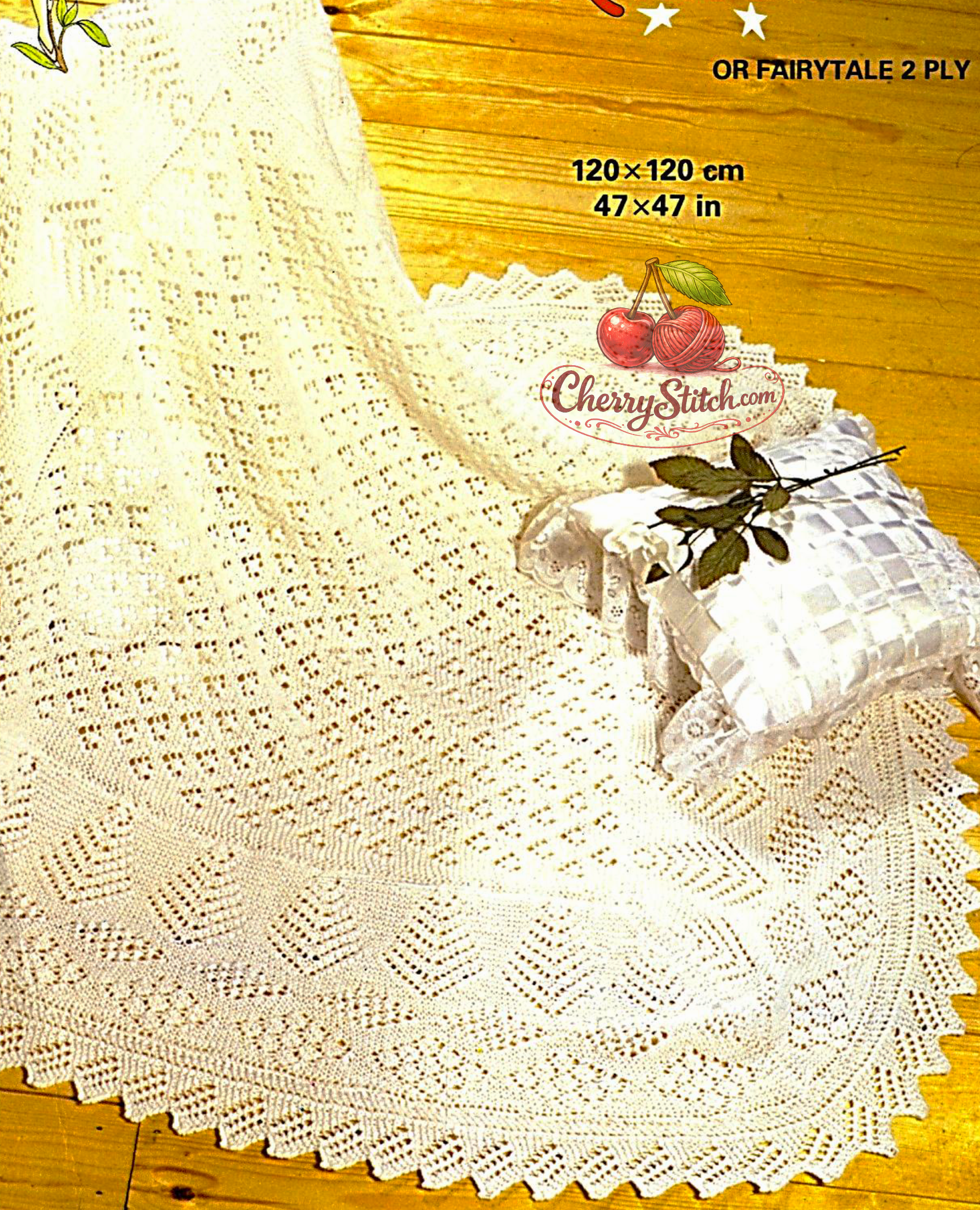 Vintage baby lace shawl knitting pattern — traditional Shetland style heirloom shawl for christening and baptism, written row by row, no charts. 3ply or 2ply yarn, 120×120 cm (47''×47''). Advanced knitting. 1970s.

