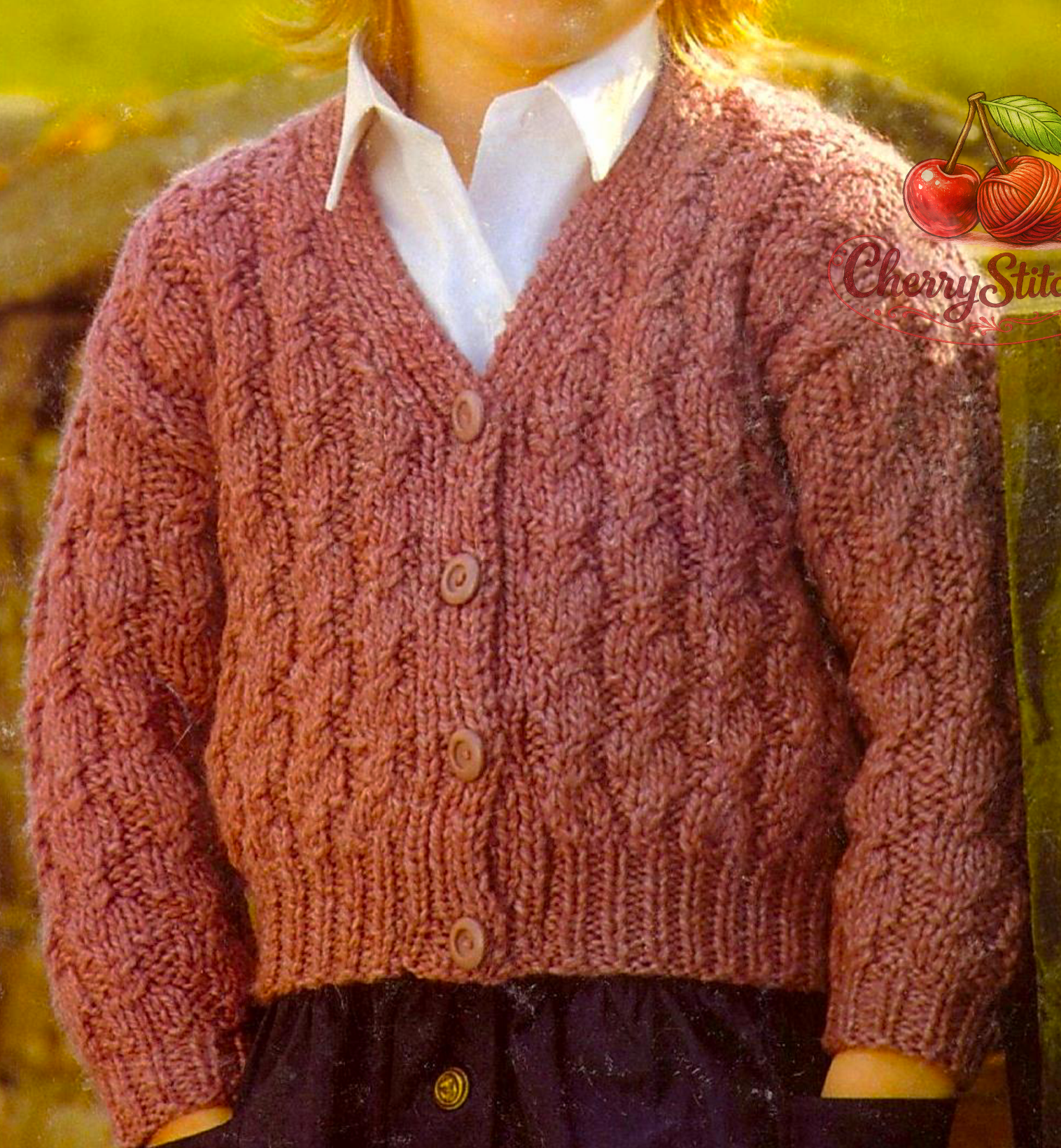 Cable and V-neck detail from vintage child's chunky cardigan knitting pattern — easy knit, chunky bulky yarn, 22''–34'', 2–14 years.

