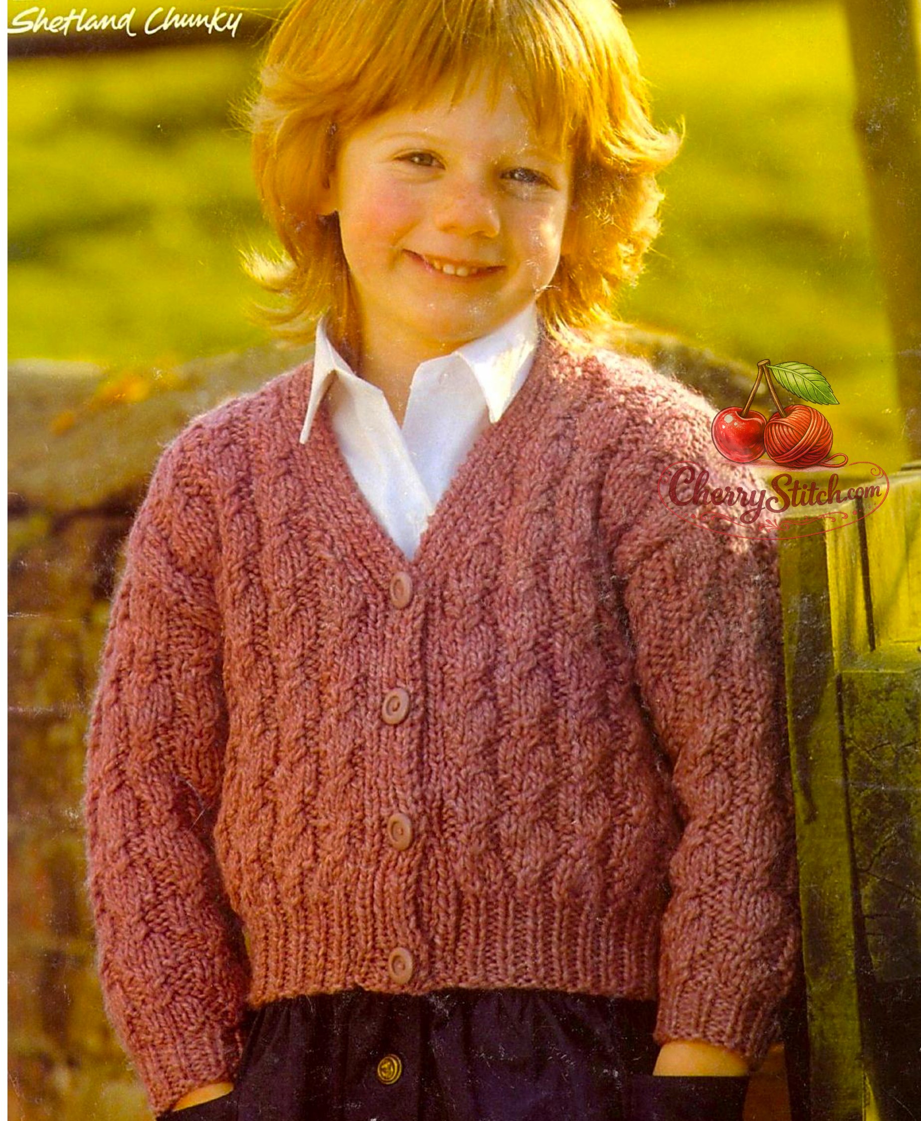 Vintage child's chunky cable V-neck cardigan knitting pattern — easy knit, worked bottom up, boy and girl. Chunky bulky yarn, 22''–34'' (56–86 cm) chest, approx. 2–14 years, 7 sizes. Intermediate knitting.

