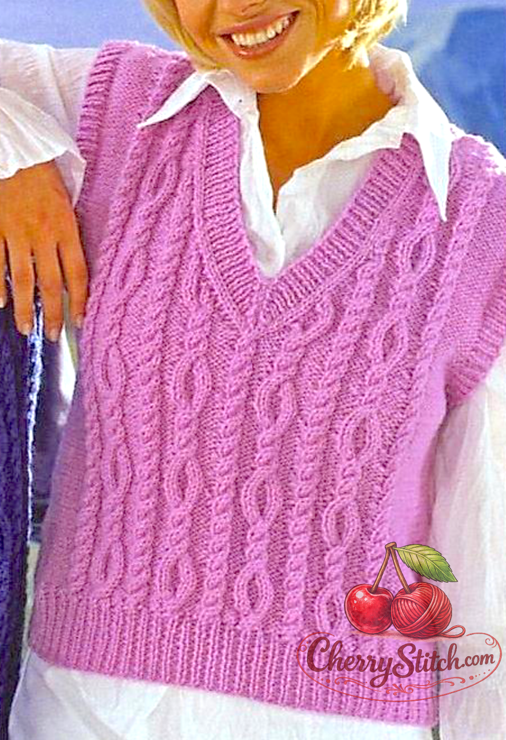 Fisherman's cable panel detail from vintage family Aran slipover and waistcoat knitting pattern — V-neck, Aran 10ply yarn, 30''–44'', 10 years to adult.

