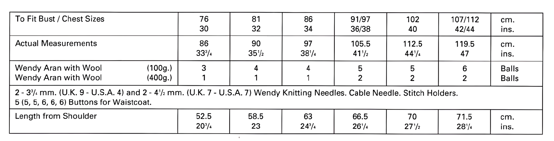 Materials and measurements for vintage family Aran slipover and waistcoat knitting pattern — Fisherman's cable V-neck, Aran 10ply yarn, 3.75mm and 4.5mm needles, cable needle and stitch holder, 30''–44'' chest.

