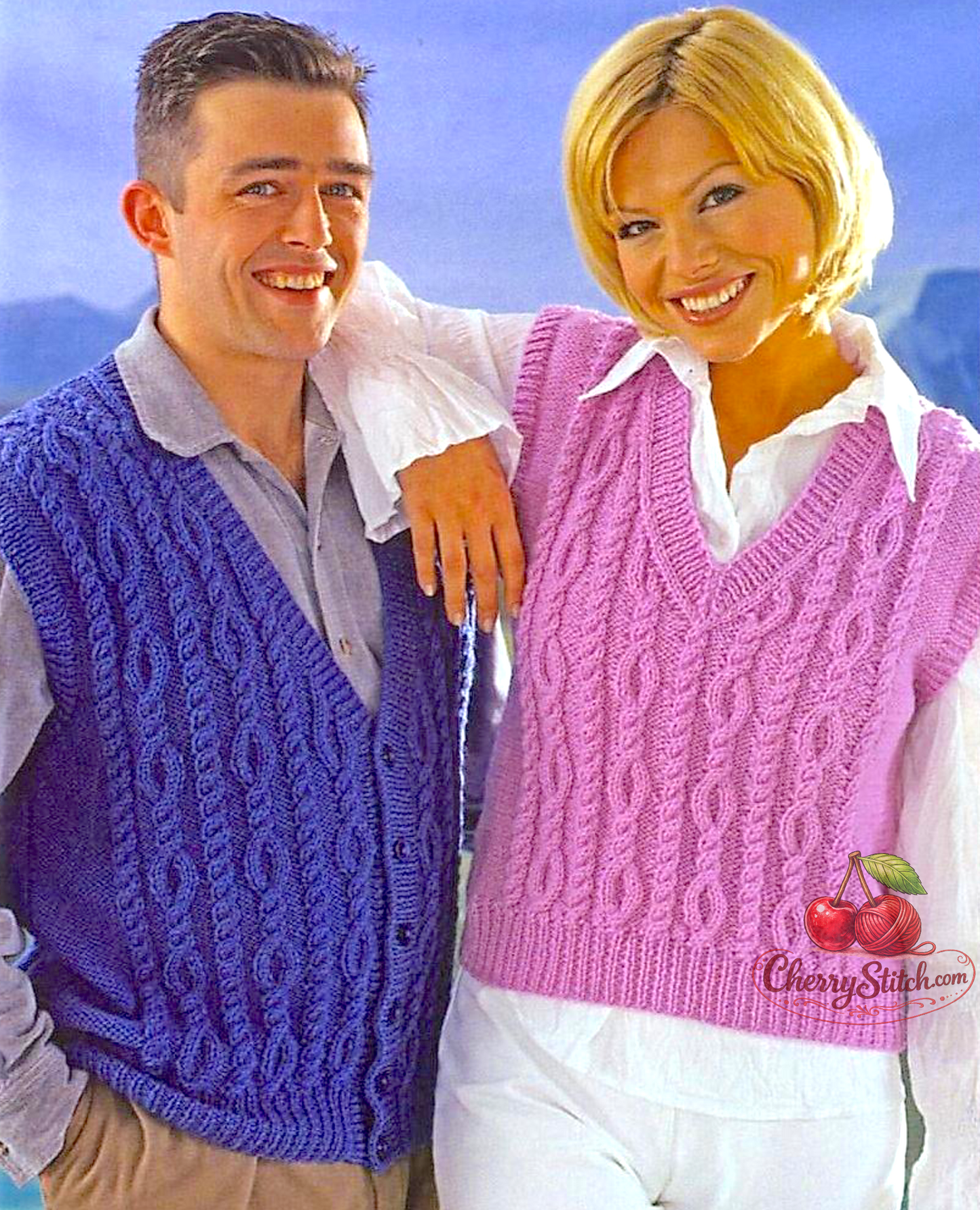 Vintage family Aran slipover and waistcoat knitting pattern — V-neck design with traditional Fisherman's cable panels, worked bottom up, row by row, no charts. Aran 10ply yarn, 30''–44'' chest, approx. 10 years to adult, 6 sizes. Intermediate knitting.

