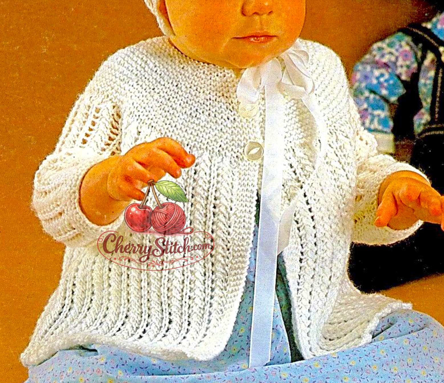 Lace yoke detail from vintage baby matinee coat and bonnet knitting pattern — 2 row-repeat lace, 4ply yarn, 18''–19'', 0–6 months, 1970s.

