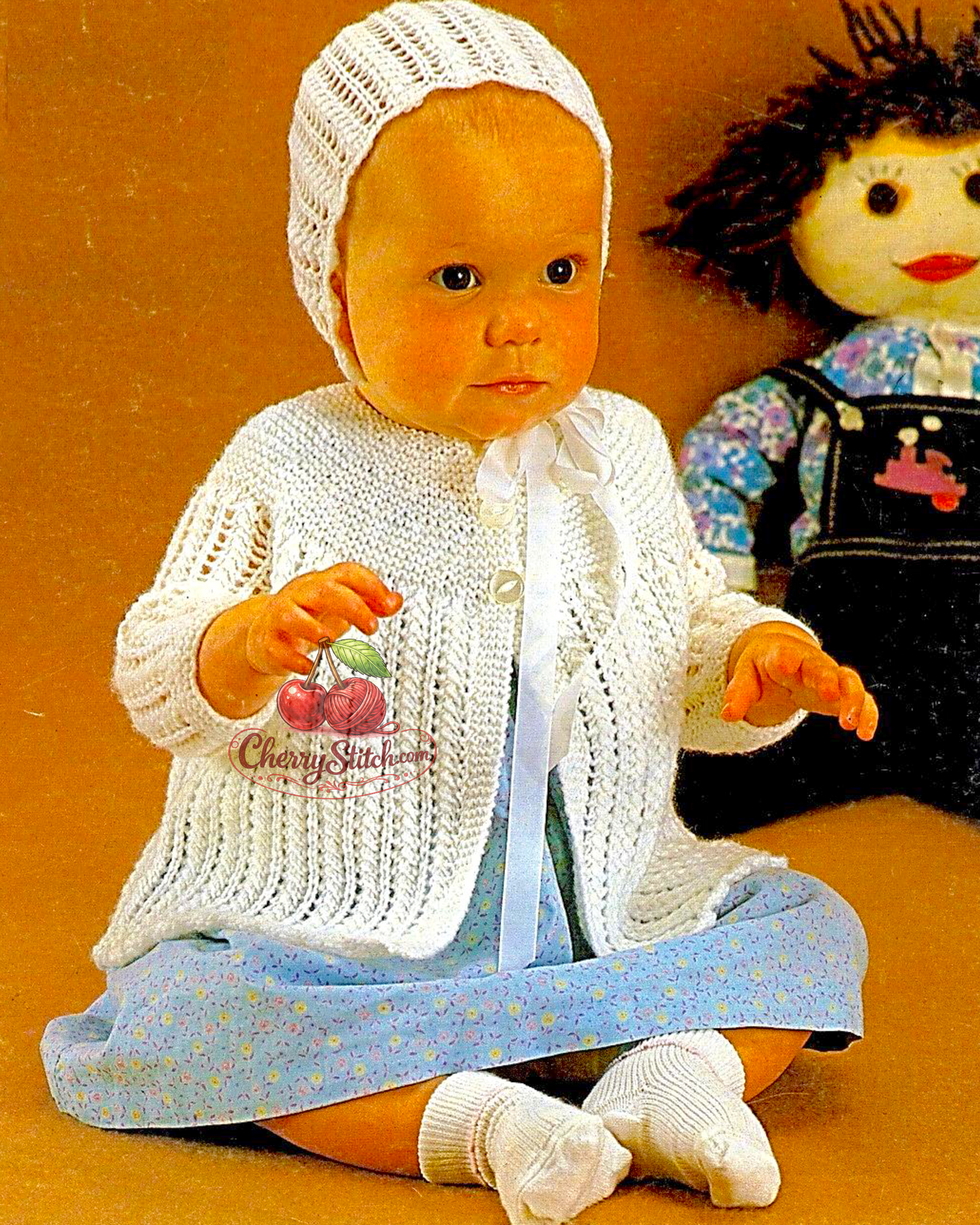 Vintage baby lacy matinee coat and bonnet knitting pattern — sweet 2 row-repeat lace pattern with yoke, worked in pieces from the bottom up. 4ply yarn, 18''–19'' (46–48 cm) chest, approx. 0–6 months. Intermediate knitting. 1970s.

