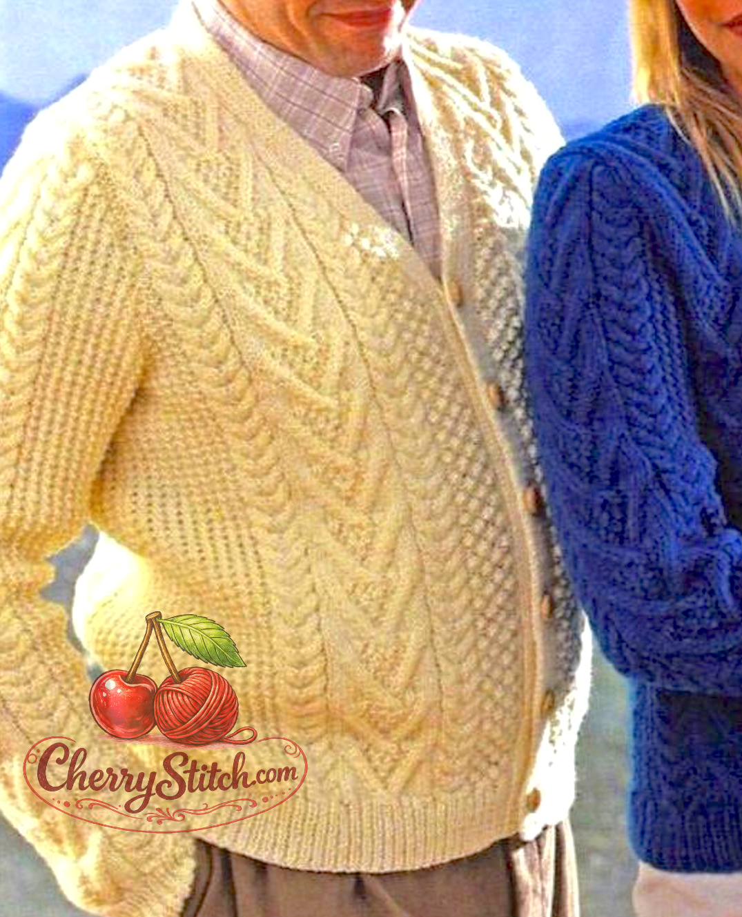 Fisherman's cable and Aran stitch detail from vintage family Aran cardigan knitting pattern — V-neck, Aran 10ply yarn, 32''–42'', 12 years to adult.

