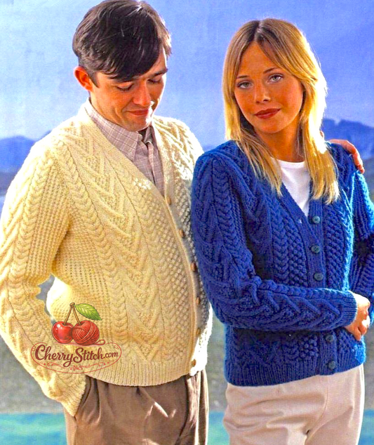 Vintage family Aran cardigan knitting pattern — V-neck design with traditional Fisherman's cable panels, worked bottom up, row by row, no charts. Aran 10ply yarn, 32''–42'' (81–107 cm) chest, approx. 12 years to adult, 6 sizes. Intermediate knitting.


