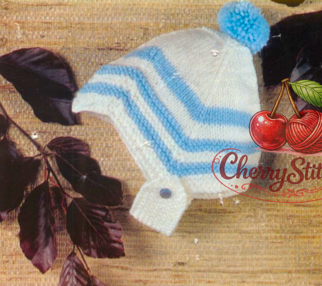 Close-up of blue and white knitted baby helmet with pom-pon – restored vintage 1980s boys hats knitting pattern