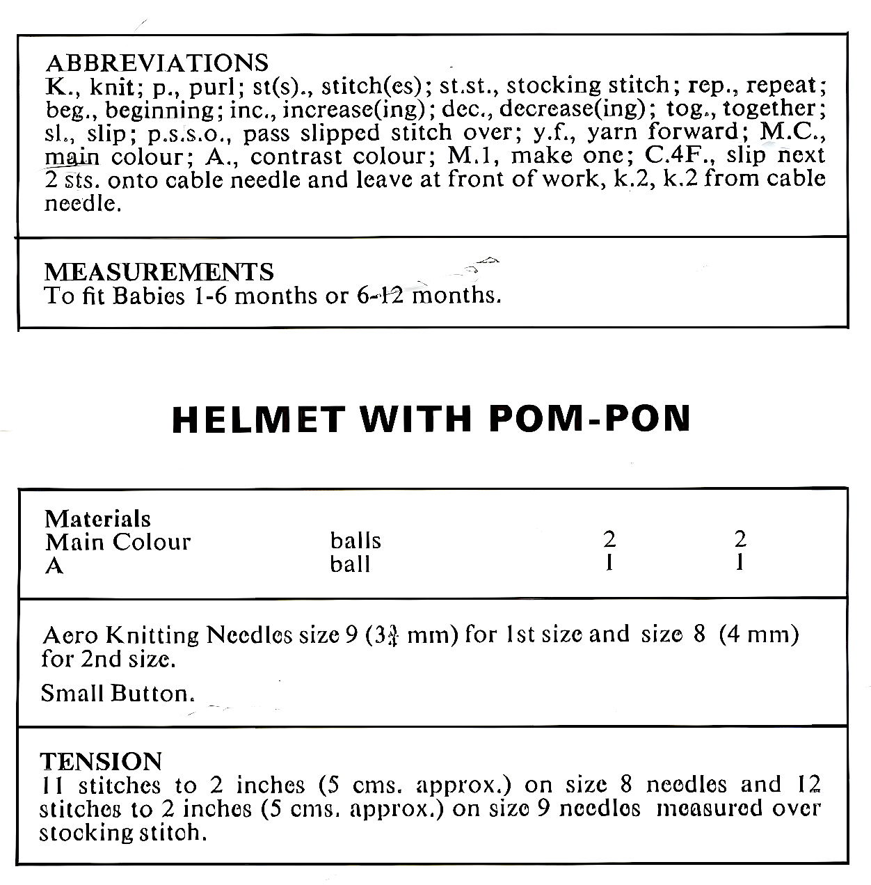 4 Boys Hats – Restored Vintage Knitting Pattern (1980s) Helmet Cable Pom-Pon Moss Rib Balaclava 2 Sizes 1-12 Months DK Easy Knit A4 & US Letter PDF Instant Download- 29