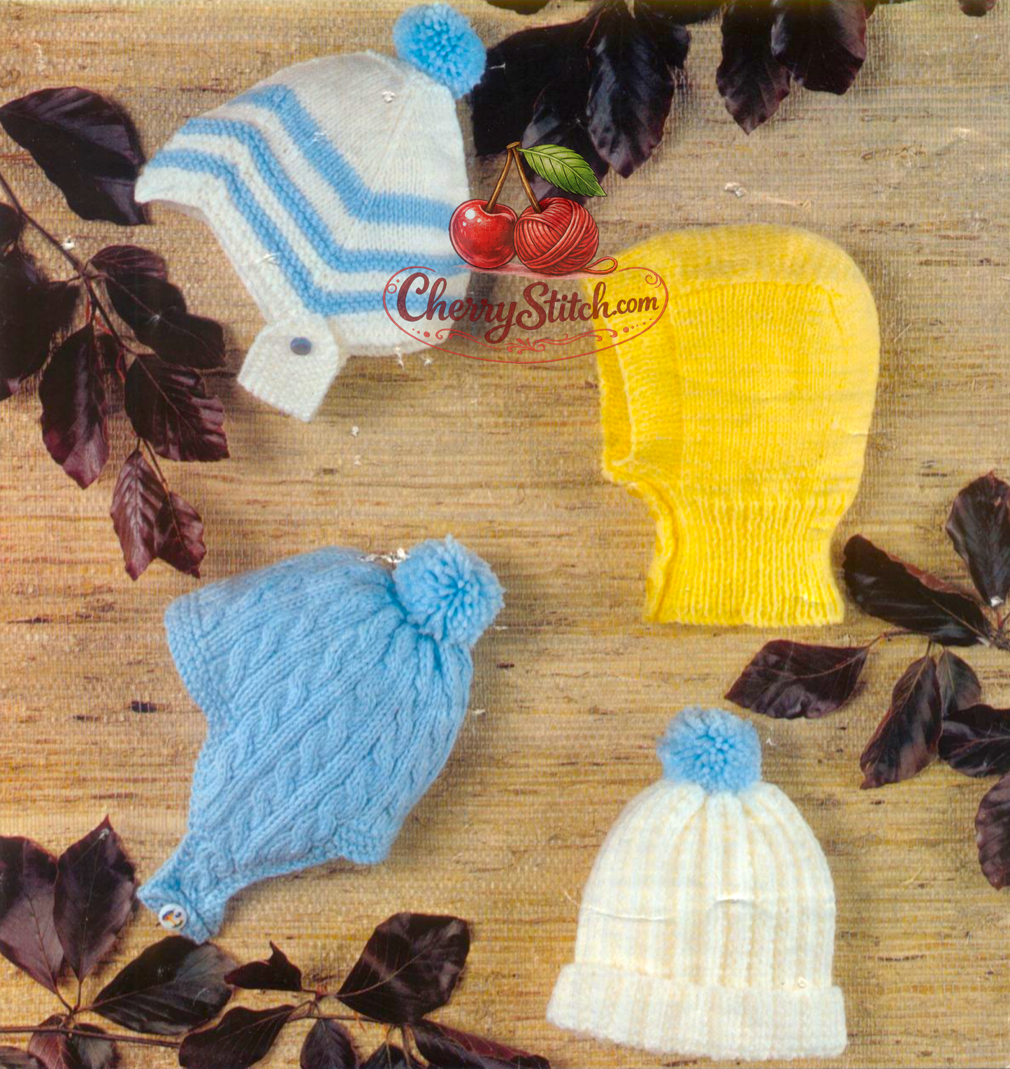 Vintage 1980s boys baby hats knitting pattern – helmet, cable helmet, pull-on hat and balaclava in DK