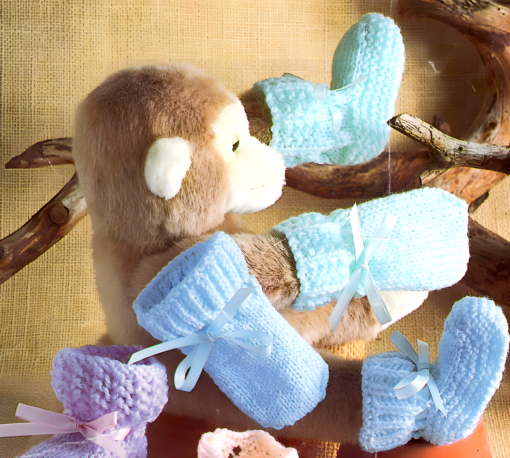Close-up of knitted baby bootees and mitts – restored vintage 1990s pattern in DK and 4-ply