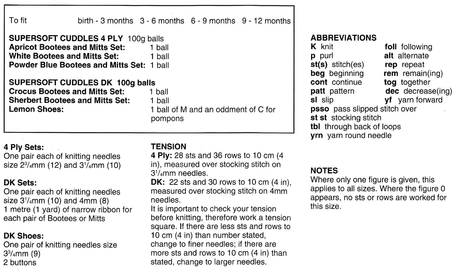 Materials, yarn requirements and measurements for vintage 1990s 6 sets baby bootees shoes and mitts knitting pattern