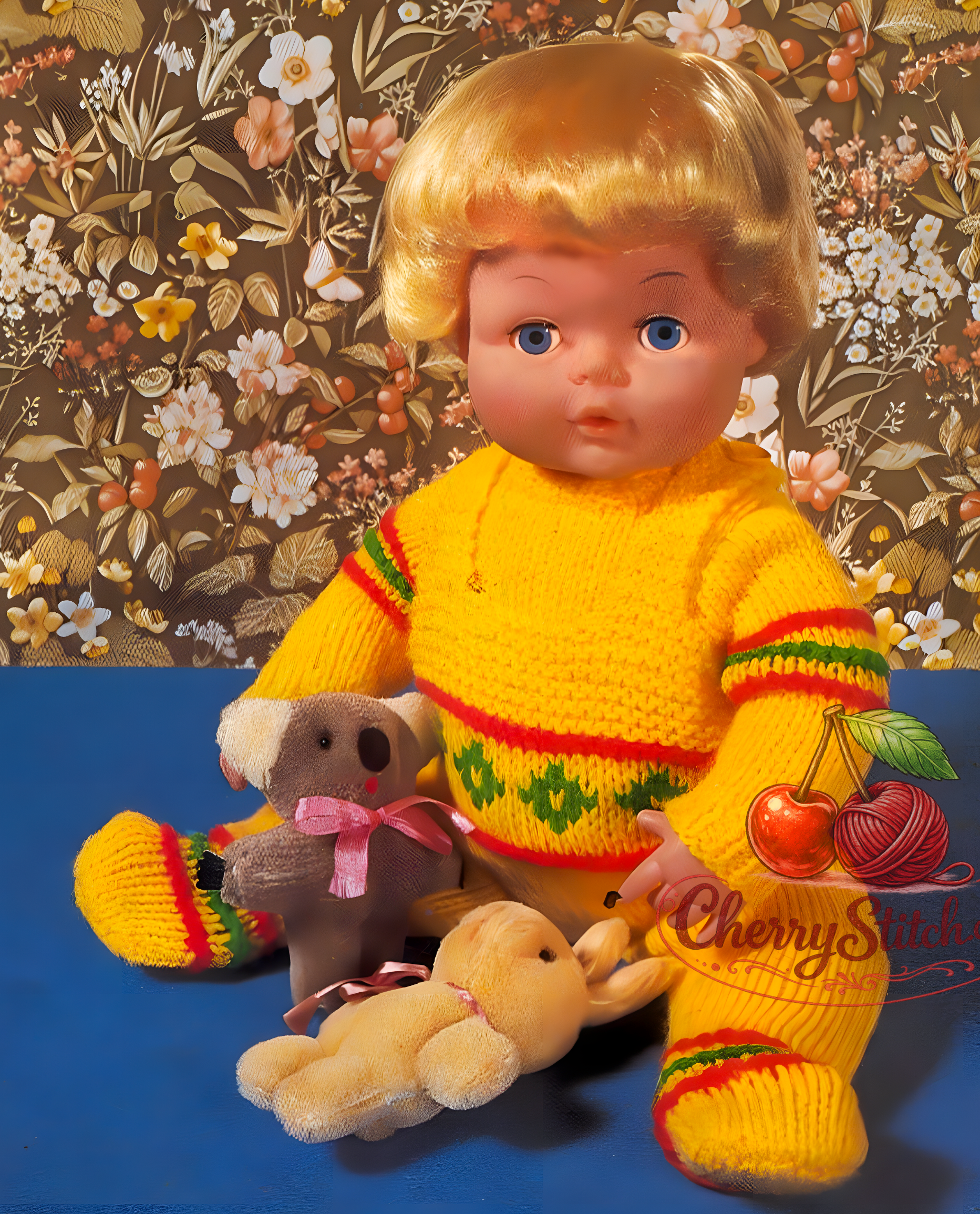 Baby Doll in knitted all-in-one and jacket – restored vintage 1980s doll outfits pattern