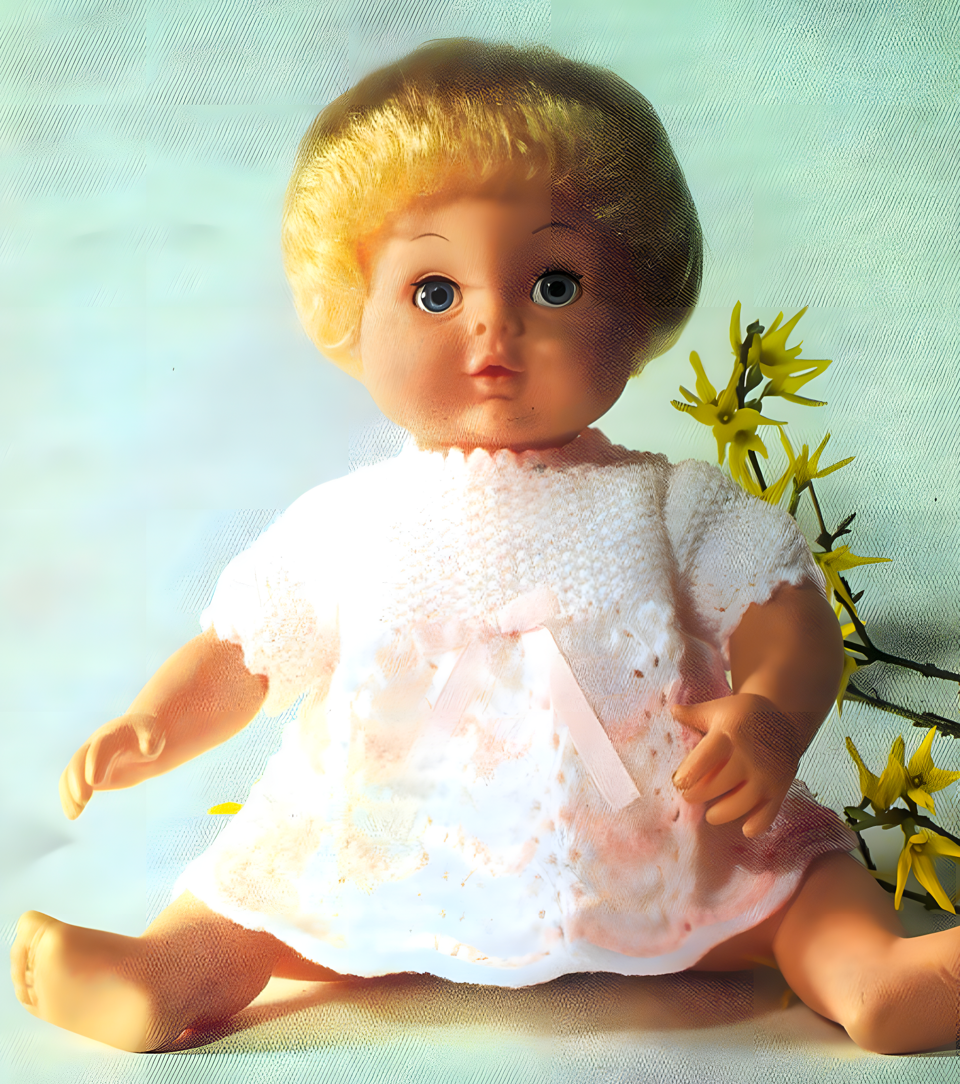 Baby Doll wearing knitted dress – close-up detail from restored vintage 1980s doll outfits pattern