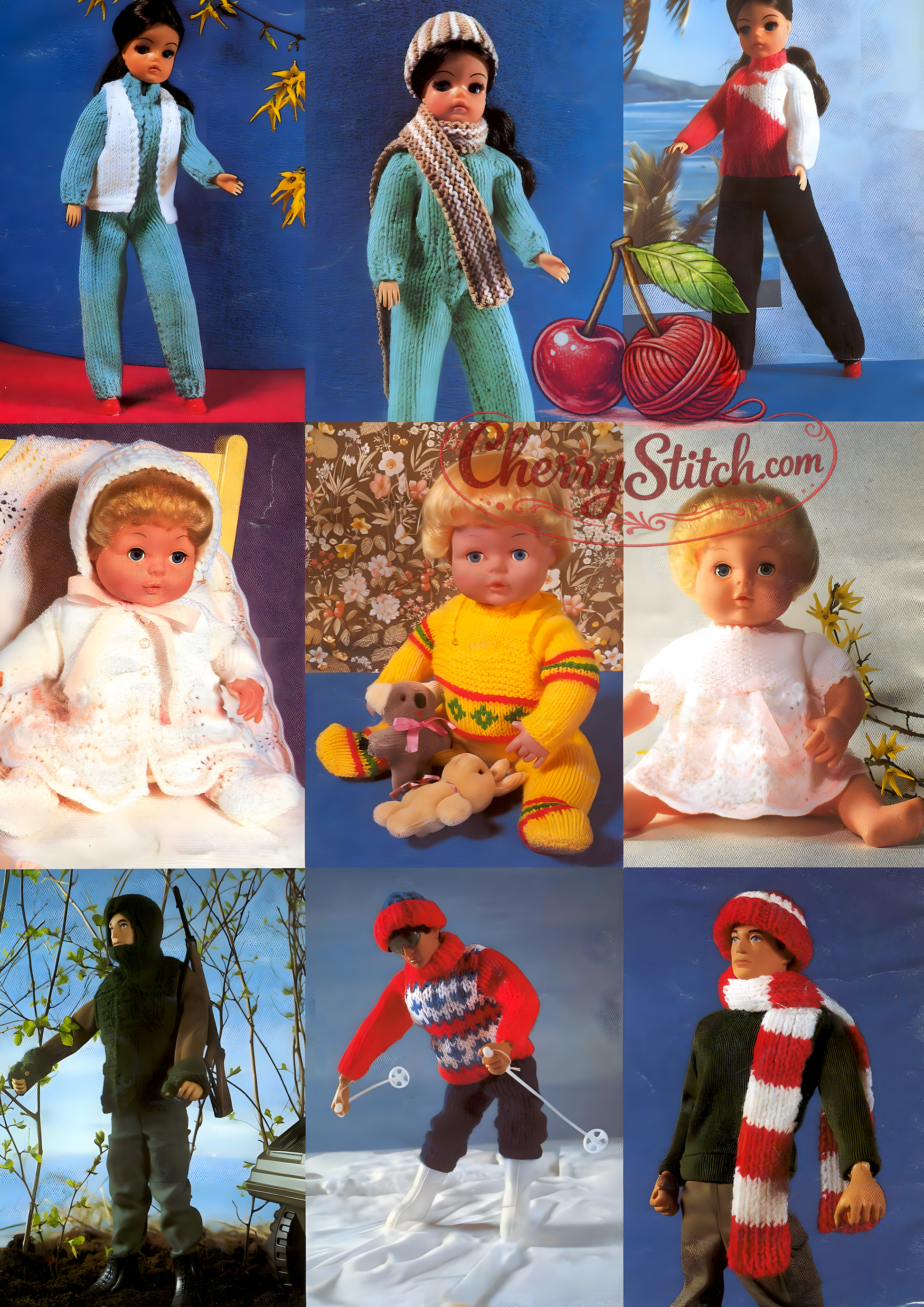 Seven vintage 1980s doll outfits knitting pattern – Baby Doll, Male and Female Fashion Doll designs