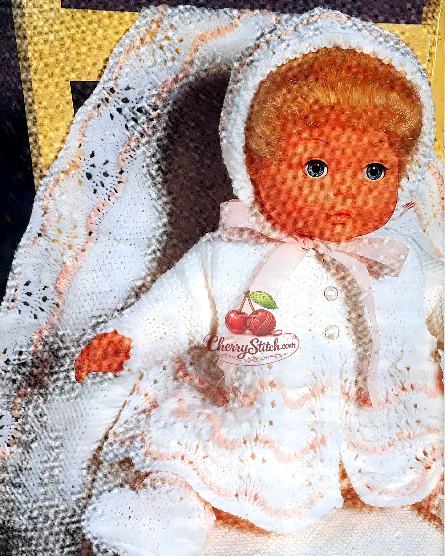 Baby Doll layette – knitted shawl, dress, matinee coat, pants, bonnet and bootees – restored vintage 1980s pattern