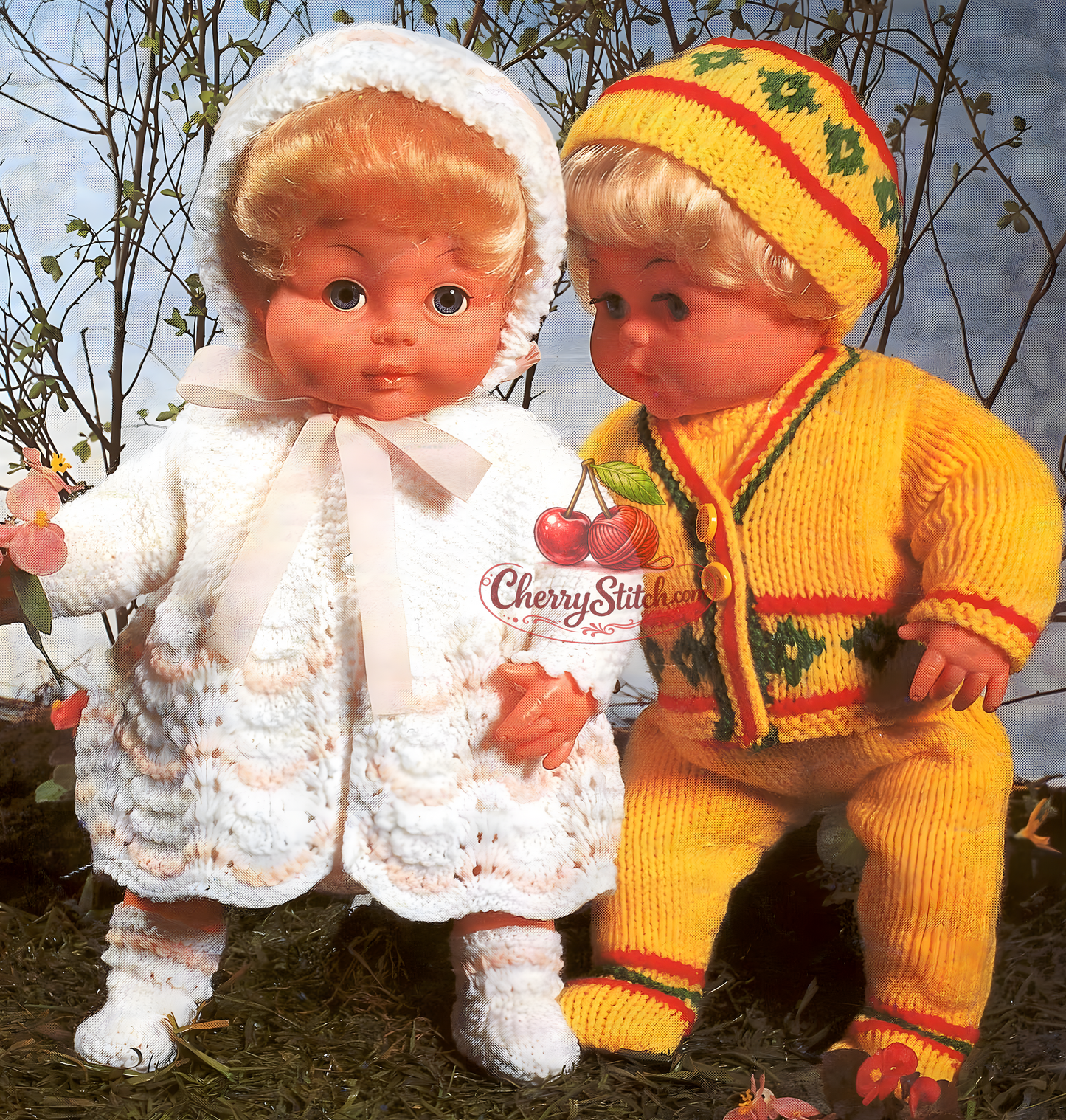 2 Baby Doll outfits - layette – knitted shawl, dress, matinee coat, pants, bonnet and bootees and all-in-one, jacket and cap – restored vintage 1980s pattern
