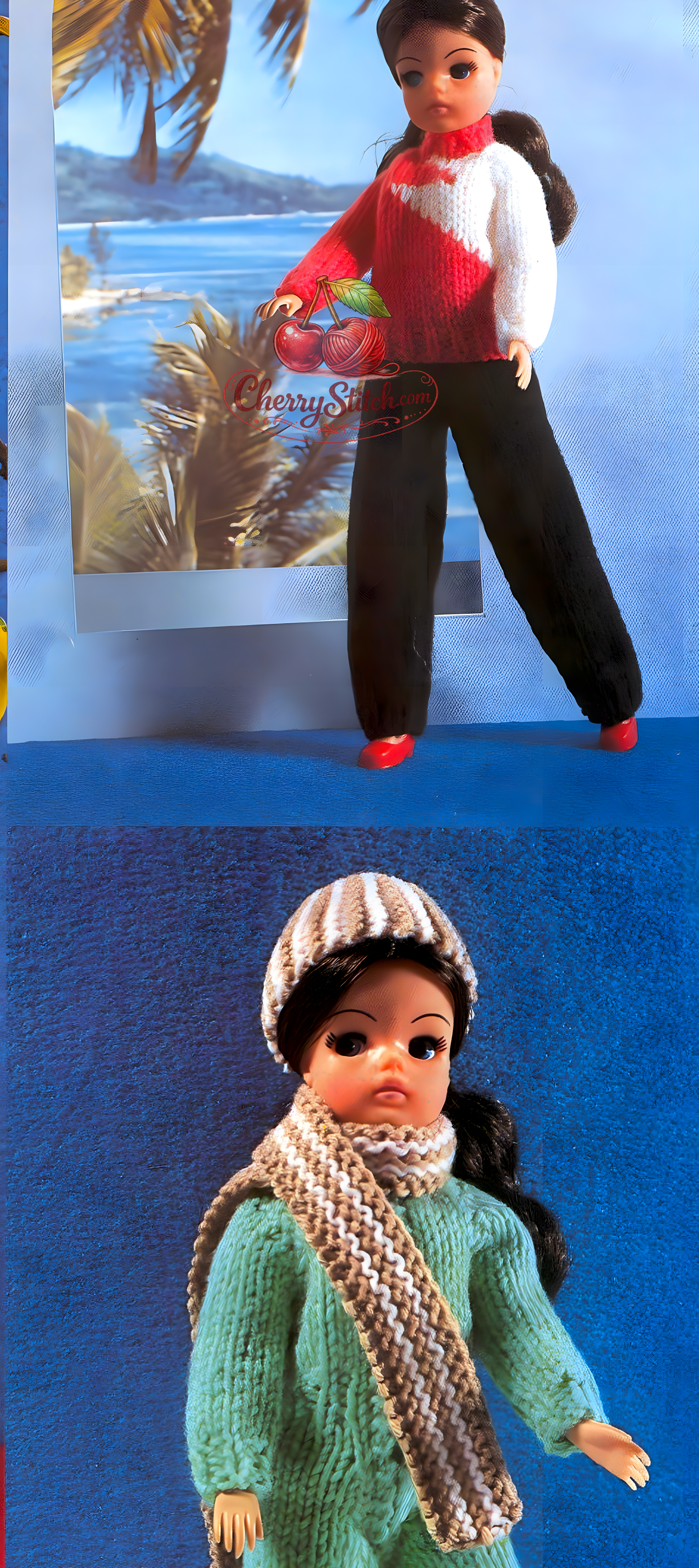 Female Fashion Doll in knitted sweater, trousers, cap and scarf – restored vintage 1980s pattern