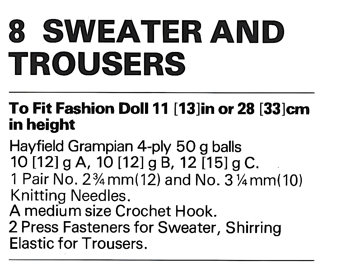 Materials and measurements for Female Fashion Doll sweater, trousers - vintage 1980s doll outfits knitting pattern