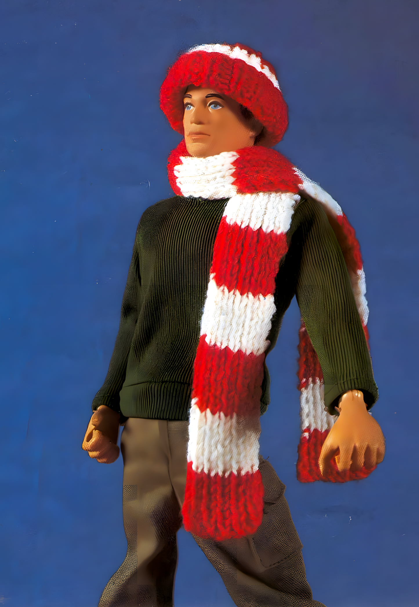 Male Fashion Doll in knitted football cap and scarf – restored vintage 1980s doll outfits pattern