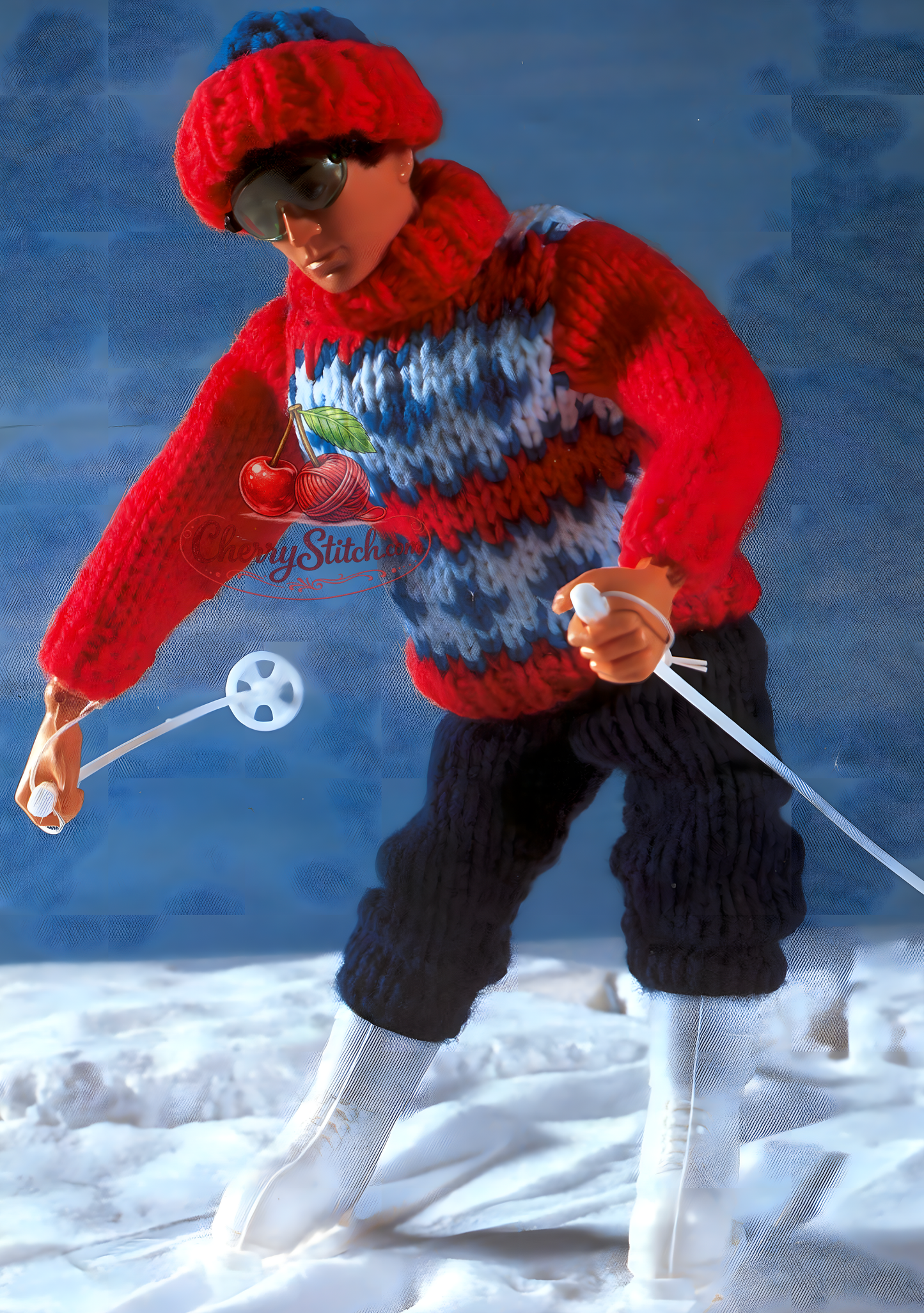 Male Fashion Doll in knitted ski outfit – sweater, cap and trousers – restored vintage 1980s pattern