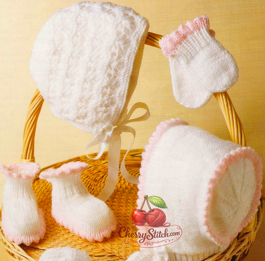 Close-up of Picot and Lacy baby bonnets – restored vintage 1980s newborn knitting pattern, two 3-piece sets in DK yarn