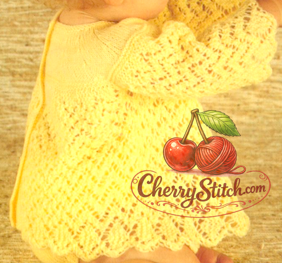 Close-up of lacy yoke and angel top detail – restored vintage 1980s baby knitting pattern