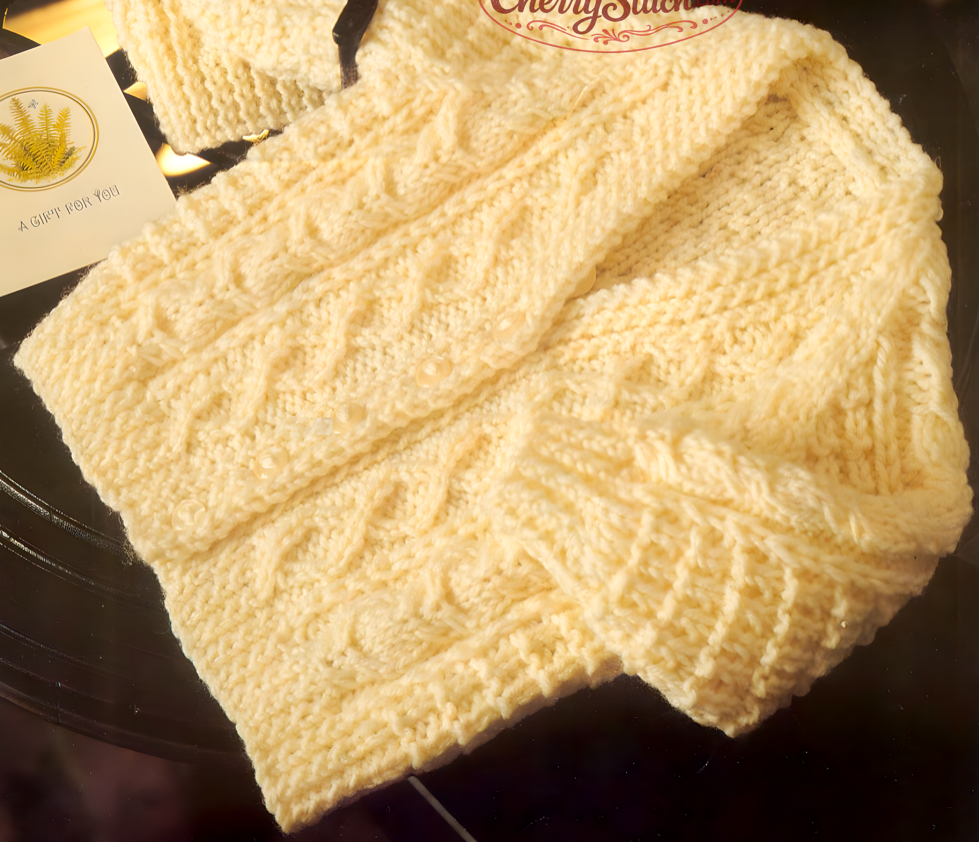 Close-up of cable panels on V-buttoning collar Aran style baby cardigan – restored vintage 1980s raglan knitting pattern in DK