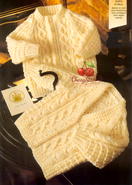 Vintage 1980s baby Aran style cardigans knitting pattern – 2 designs button neck and V-neck, cable panels, raglan sleeves, DK, 4 sizes 18''–24''