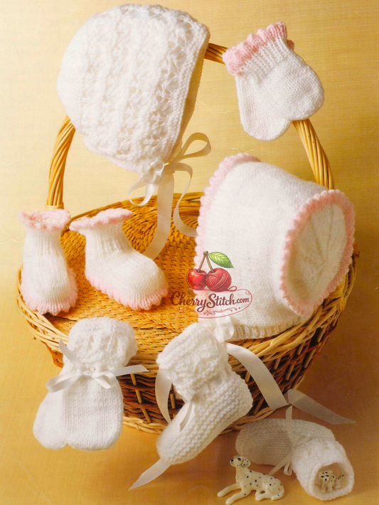 2 sets baby bonnet, bootees and mittens – restored vintage 1980s knitting pattern, Picot Set and Lacy Set, newborn accessories, DK, 0–6 months. Large print pattern