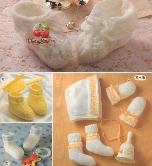 Baby bonnets and bootees – restored vintage 1980s knitting and crochet pattern with 15 projects, birth–6 months, 3-ply, 4-ply and DK