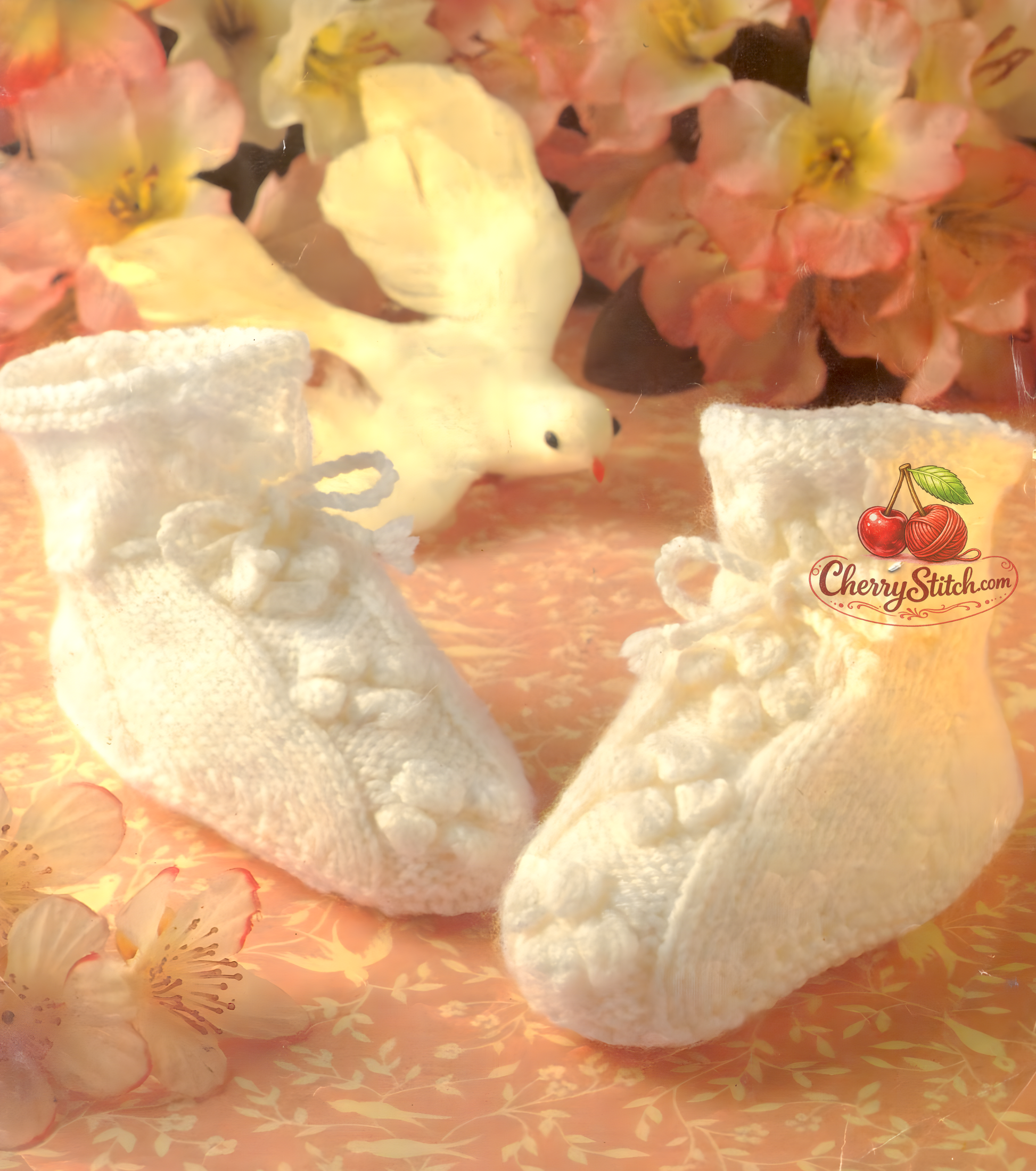 Close-up of bobbly bootees – restored vintage 1980s baby knitting pattern, easy, birth–6 months
