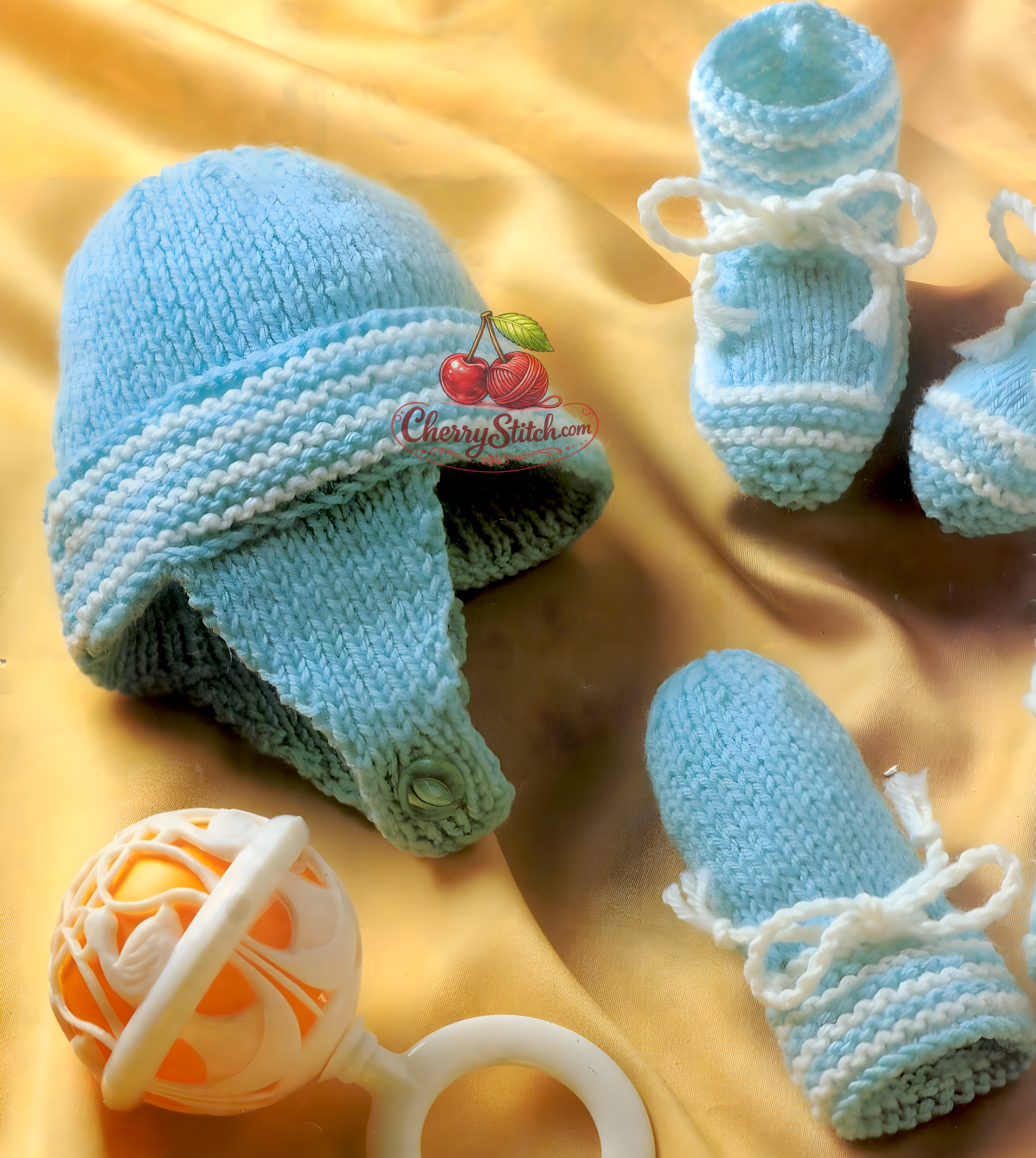 Close-up of striped bootees and bonnet set – restored vintage 1980s baby knitting pattern, easy, birth–6 months