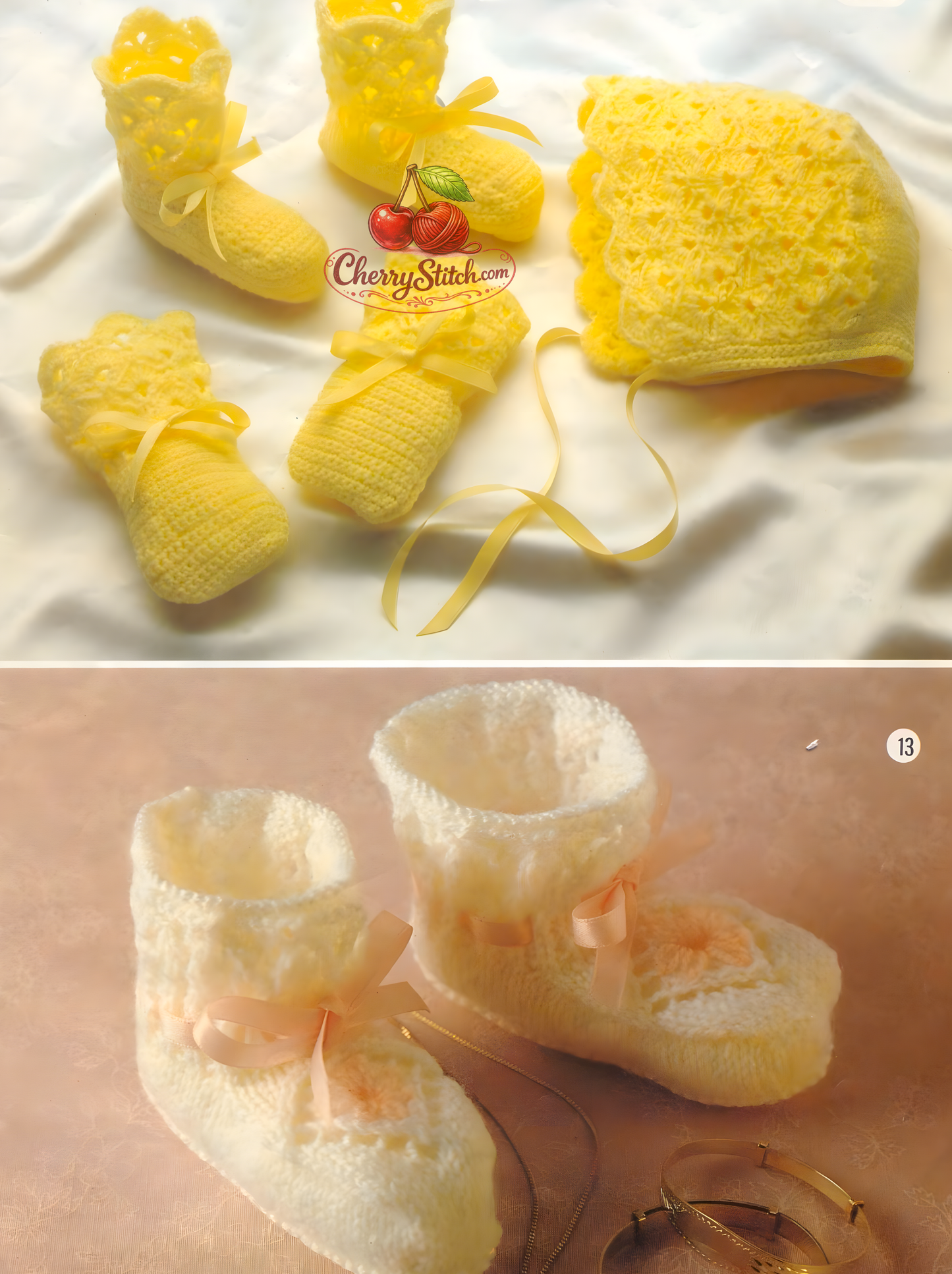 Close-up of yellow crochet bonnet, bootees, mitts set and lacy bootees – restored vintage 1980s baby crochet pattern, easy, birth–6 months