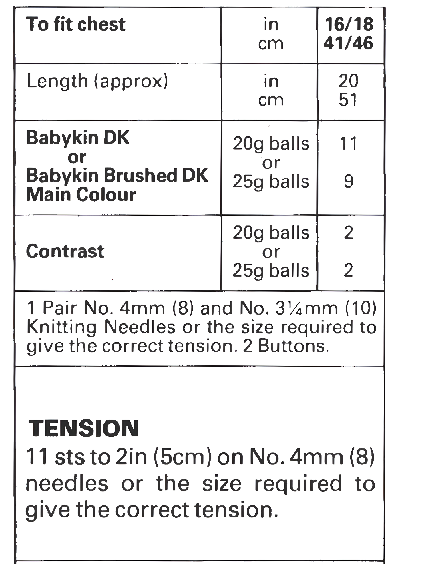 Materials, yarn requirements, tension and measurements for vintage 1970s baby cape with hood knitting pattern