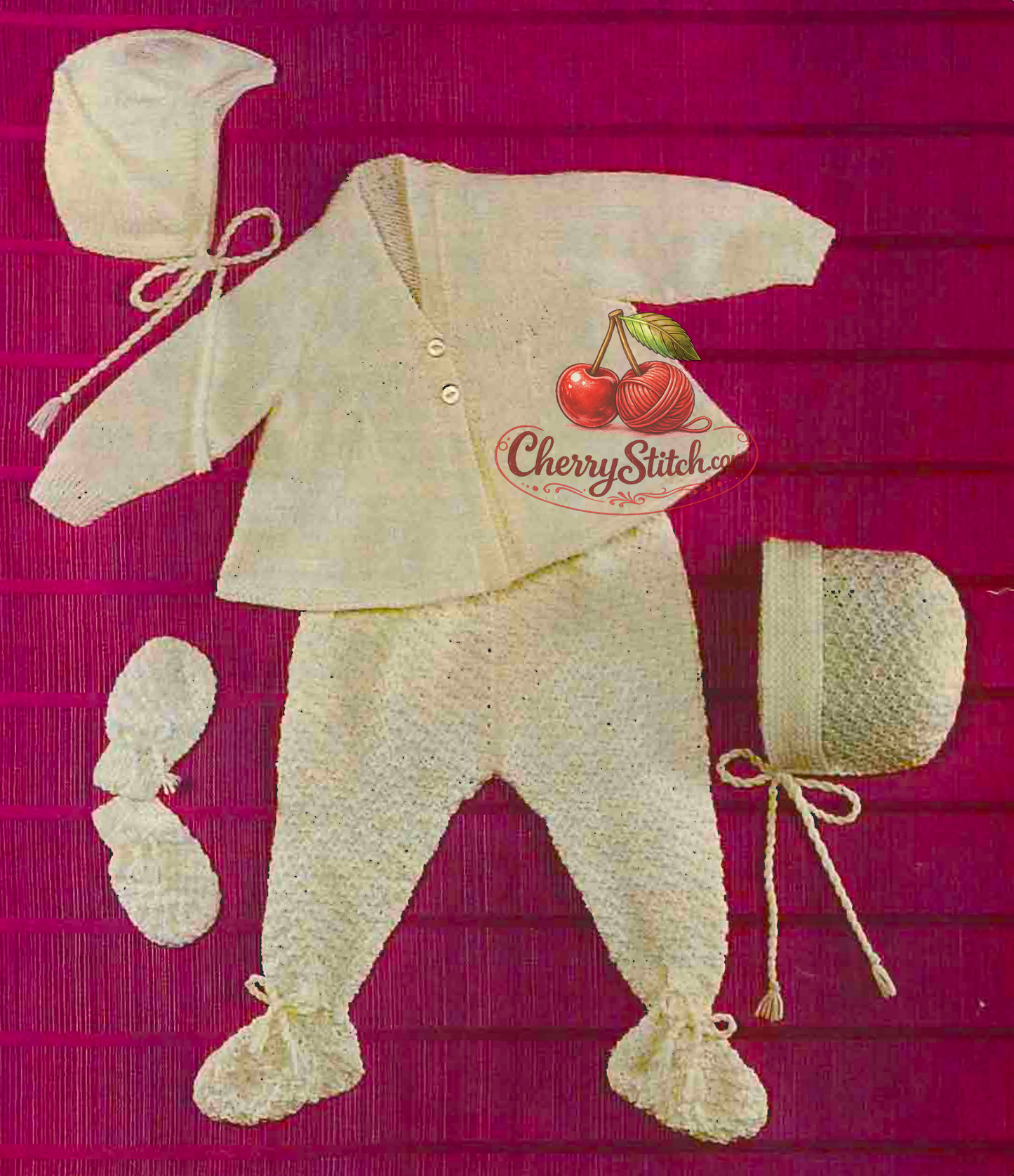 Baby boy girl pram set – vintage 1970s knitting pattern showing matinee coat, leginettes, helmet, bonnet and mittens