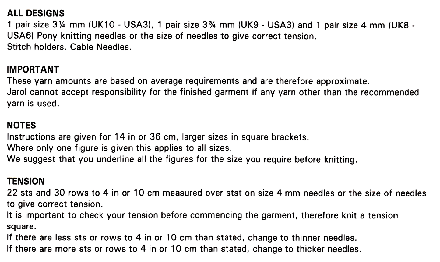 Tension and materials requirements for vintage 1980s baby boy layette knitting pattern in DK