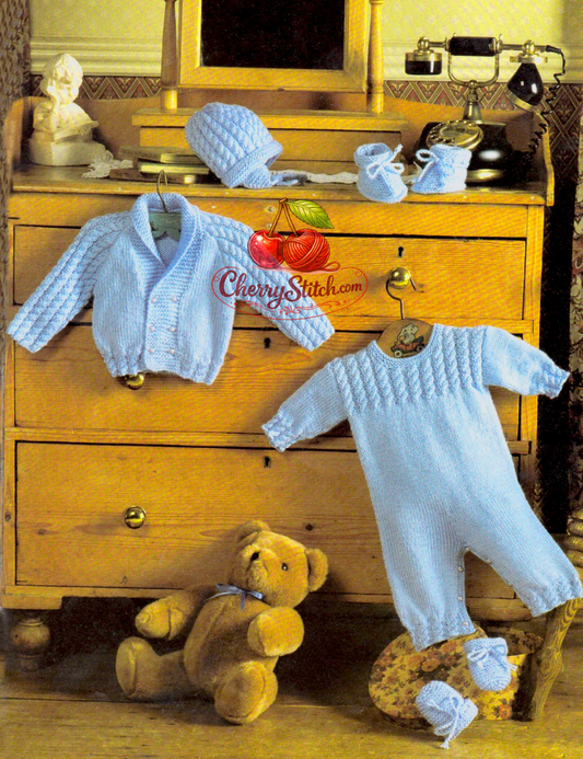 Vintage 1980s baby boy layette knitting pattern – cable double-breasted jacket, romper, hat, bootees and mitts in DK
