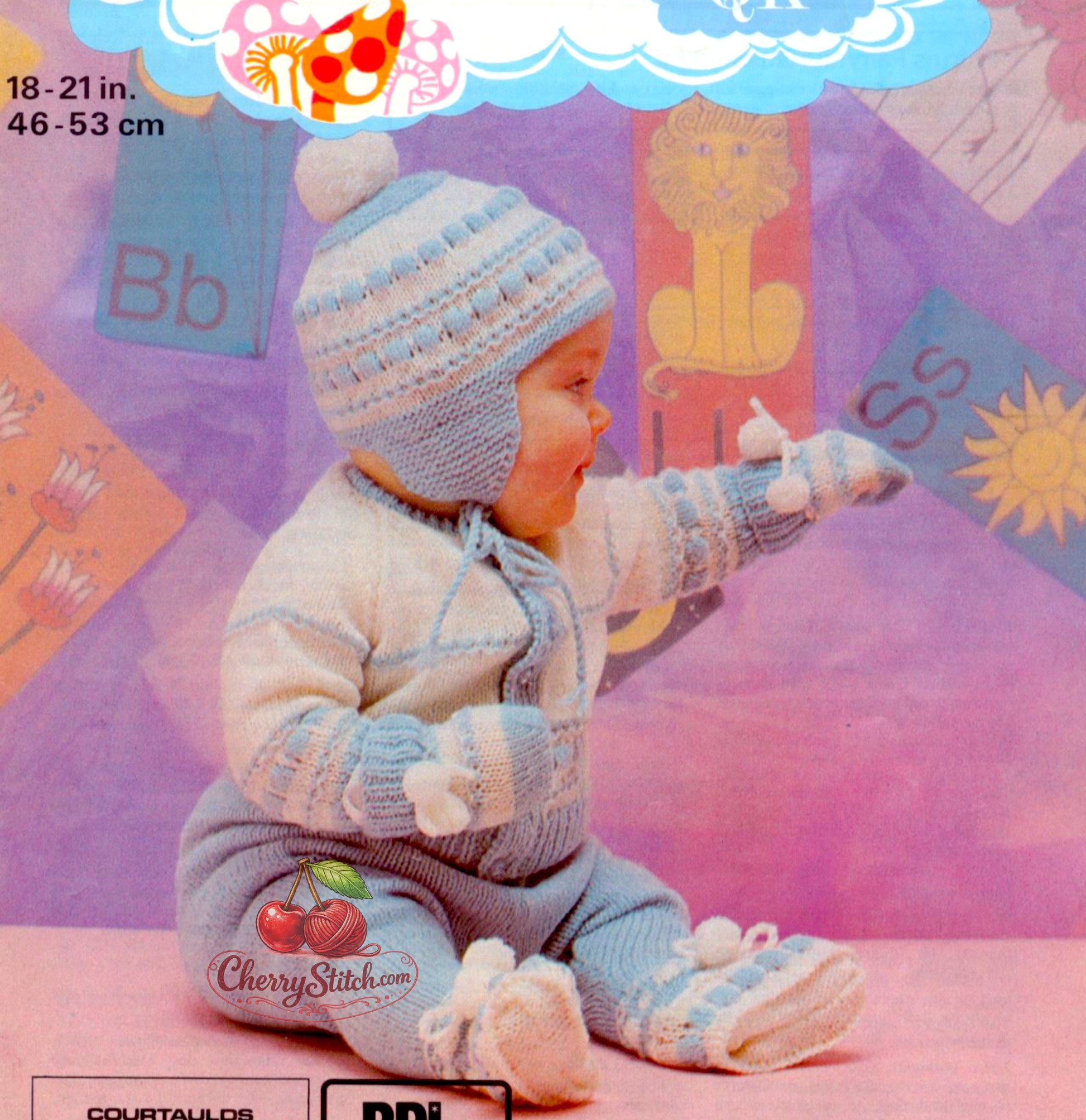 Baby boy raglan set – restored vintage 1970s knitting pattern with jacket, leggings, helmet and mitts in white and blue with raised stitch bands, 4-ply, 18/19''–20/21'', 6–12 months
